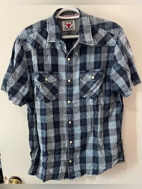 Flag & Anthem Desert Son Men’s Navy Short Sleeve Plaid Button Up Shirt Medium M